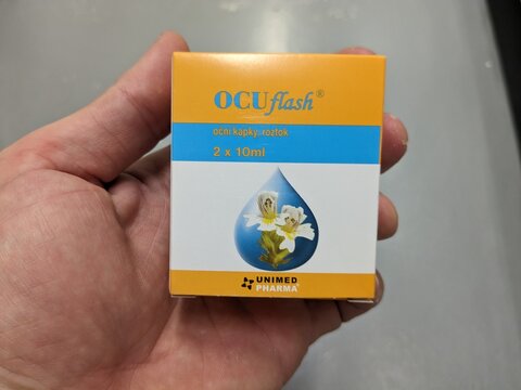 Prague, Czech Republic - July 9 2024: OCU FLASH eye drops by URSAPHARM, used for relief of dry eyes and irritation.

