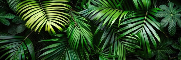 Naklejka premium Green Jungle. Lush Palms and Trees in Exotic Tropical Forest