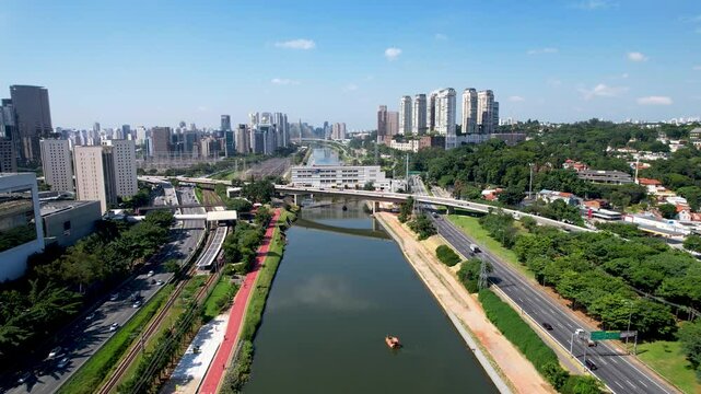 Marginal Pinheiros At Sao Paulo Brazil. Birds Eye View Of Stunning Cityscape With Streets And Buildings. Business Clouds Sky Downtown Cityscape. Business Backgrounds Famous. Sao Paulo Brazil.