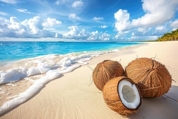 Fresh coconuts on desk space over beach side background.