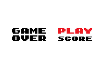 Pixel retro game over, play and score illustration, 3d alphabet.