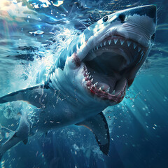 Obraz premium Great white shark in the ocean, Ocean's Apex Predator: The Great White Shark in Its Natural Habitat.
