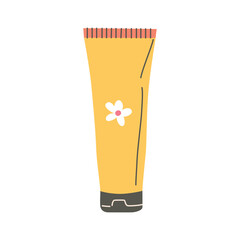 Vector illustration, doodle-style yellow tube with small chamomile design. Simple cute image for health, beauty, personal care concepts. Flat cartoon style, perfect for ads, promotional materials