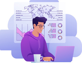 Man Data Analysis Laptop Business Illustration