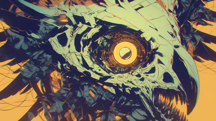 intricate ink-based biomechanical owl skull with a glowing eye in a surreal abstract setting