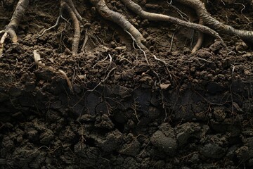 Fototapeta premium Underground image of tree roots growing in the soil, with empty copy space Generative Ai