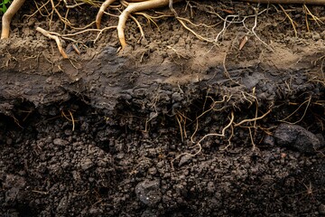Fototapeta premium Underground image of tree roots growing in the soil, with empty copy space Generative Ai