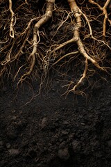 Underground image of tree roots growing in the soil, with empty copy space Generative Ai