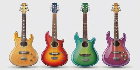 Fototapeta premium Beautifully styled acoustic and electric flat guitars isolated on a clean white background, showcasing sleek designs and vibrant colors in a stunning vector set.