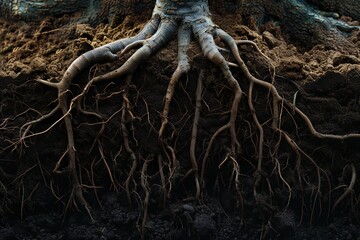 Underground image of tree roots growing in the soil, with empty copy space Generative Ai