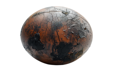 A vintage rugby ball, heavily weathered and cracked, shows signs of countless games played