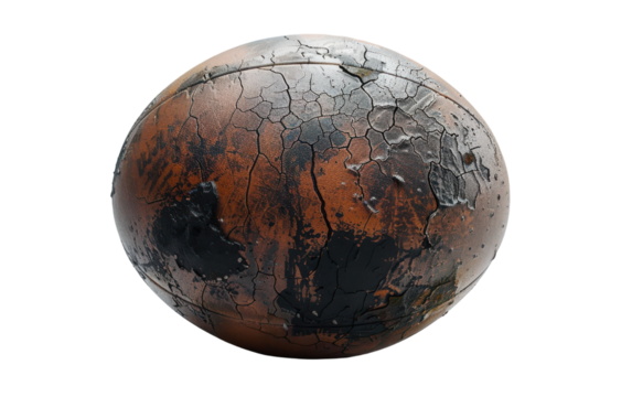 A vintage rugby ball, heavily weathered and cracked, shows signs of countless games played