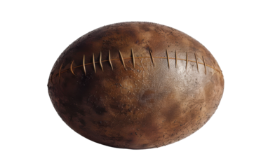 A weathered rugby ball, its brown leather surface marked with the passage of time