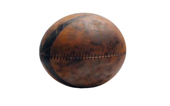 A worn leather rugby ball sits against a white background