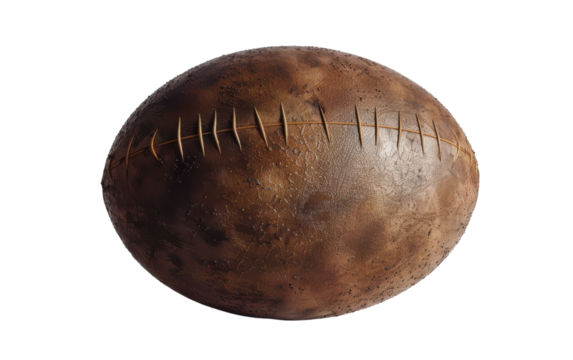 A weathered rugby ball, its brown leather surface marked with the passage of time