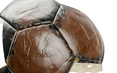 Close-up view of a worn leather soccer ball, revealing stitched panels and scuffs