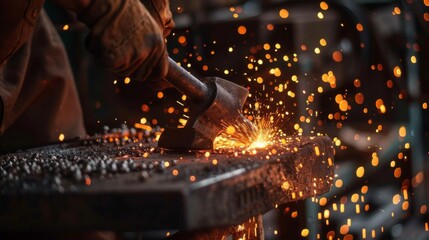 Close-up of a blacksmith shaping molten metal on an anvil with sparks flying in a traditional workshop.