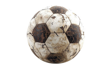 A close-up of a weathered soccer ball with dirt and grime