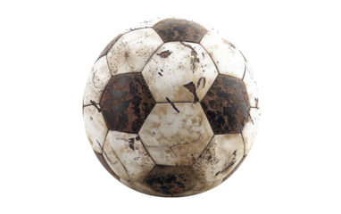 A close-up of a weathered soccer ball with dirt and grime