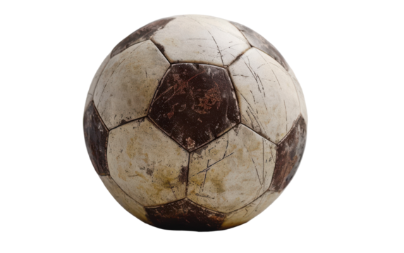 An old, brown, and white soccer ball with visible wear and tear