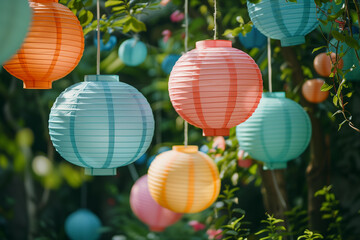 Obraz premium Tennants colorful paper lanterns at a garden party with soft and diffused natural light. Party concept.
