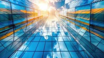 Obraz premium Tall glass building with bright clouds