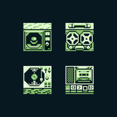Pixel art stereo icons set, retro player audio devices with buttons, design for logo game, sticker, web, mobile app, logo. Isolated vector illustration.