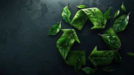Green leaves forming a recycling symbol on a dark background