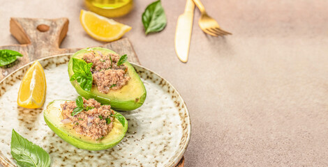 avocado and canned tuna on plate. delicious and healthy food for lunch or dinner