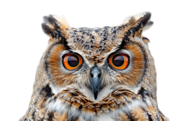An owl stares intensely with its bright orange eyes