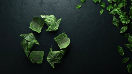 Green leaves forming a recycling symbol on a dark background