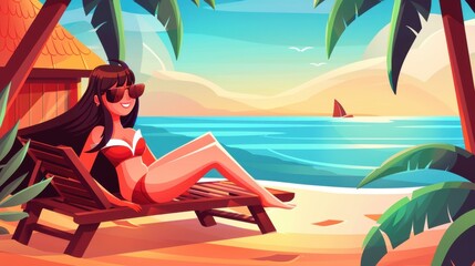 Stylish woman in sunglasses lounges on a deck chair near a beach bungalow. Fashionable girl smiling during a relaxing vacation in a digital art piece.