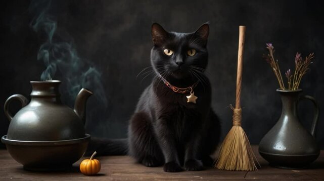 black witch cat, potion cauldron, broom, AI generated