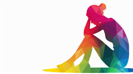 Fototapeta premium Vibrant silhouette of woman sitting with arms around knees, head tilted back, against colorful sunset, with panorama view.