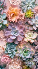 Background with flowers, A plant that is covered in succulents, Wallpaper with succulent plants. Top view of many different succulents. Home decor Tin. For greetings card and invitations.