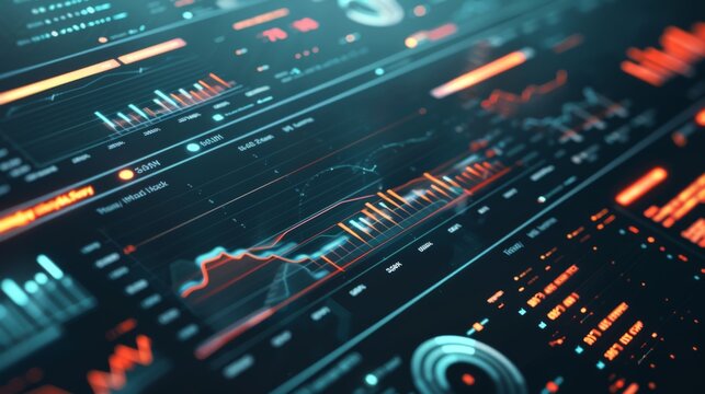 Close-up of a digital dashboard with real-time data analytics and interactive graphs.