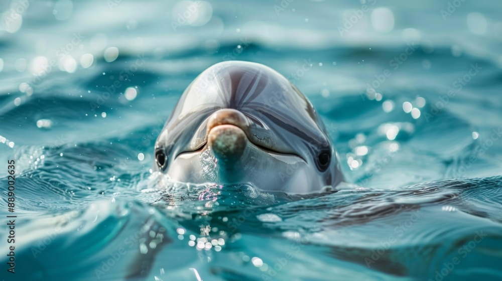 Poster close-up of a dolphin's friendly smile and sparkling eyes above the water surface.