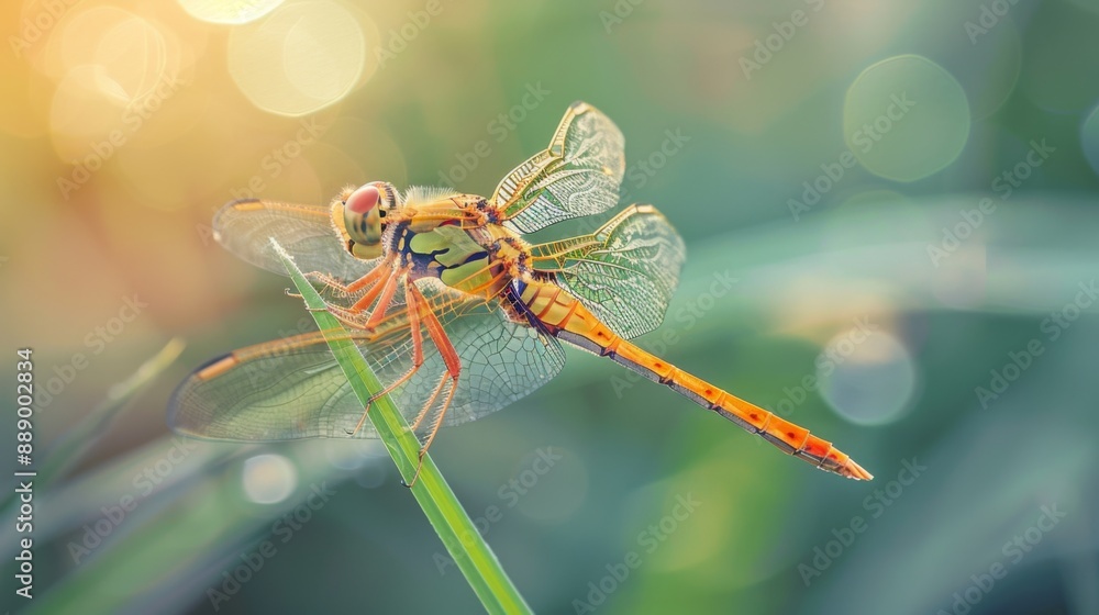 Aufkleber close-up of a dragonfly resting on a blade of grass near a pond.
