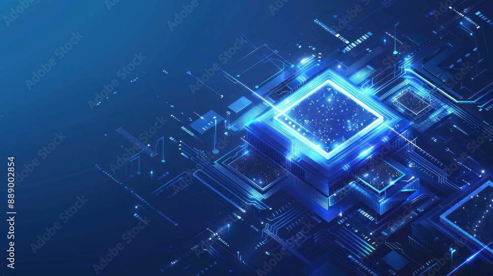 Poster glowing blue circuit board with intricate electronic components