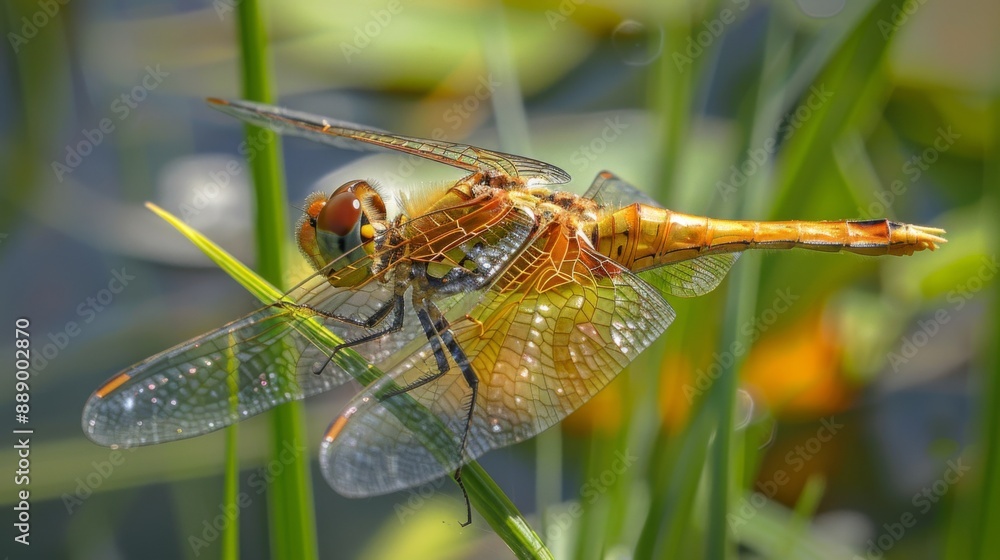 Poster close-up of a dragonfly resting on a blade of grass near a pond.
