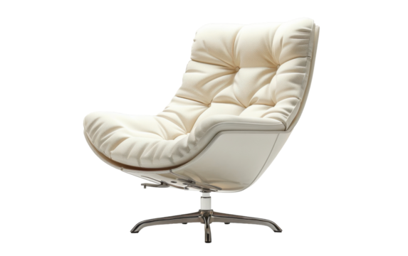 A white, plush swivel chair with a modern design and a chrome base