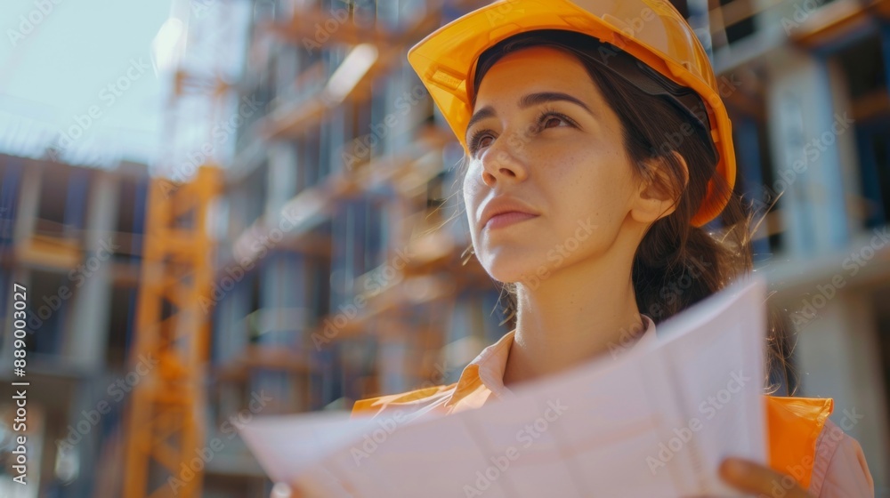 Poster close-up of a female engineer inspecting a construction site with a safety helmet and blueprint in h