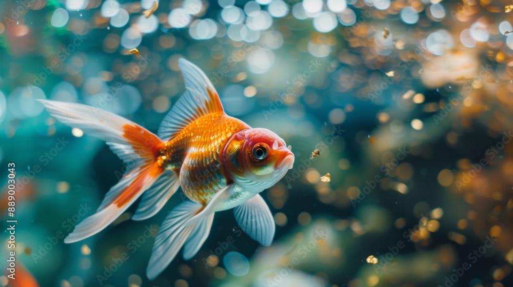 Poster close-up of a goldfish chasing after food flakes floating on the water's surface of an aquarium.