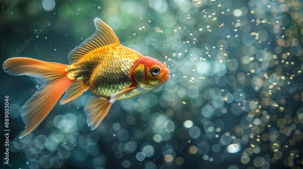 Poster close-up of a goldfish chasing after food flakes floating on the water's surface of an aquarium.