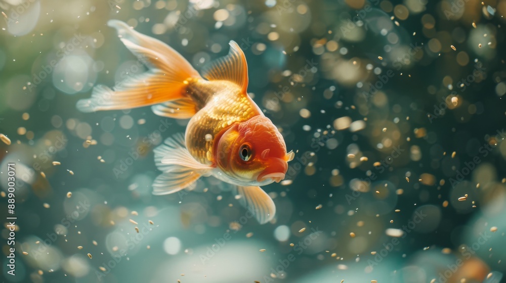Poster close-up of a goldfish chasing after food flakes floating on the water's surface of an aquarium.