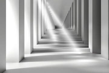 Obraz premium Modern Abstract White Geometric Corridor with Light Rays and Shadow Play
