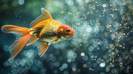 Close-up of a goldfish chasing after food flakes floating on the water's surface of an aquarium.