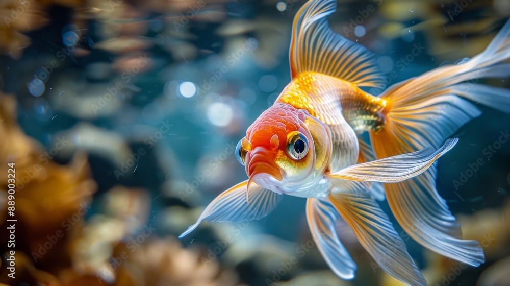 Poster Close-up of a goldfish with long flowing fins and a distinctive color pattern, captured underwater.