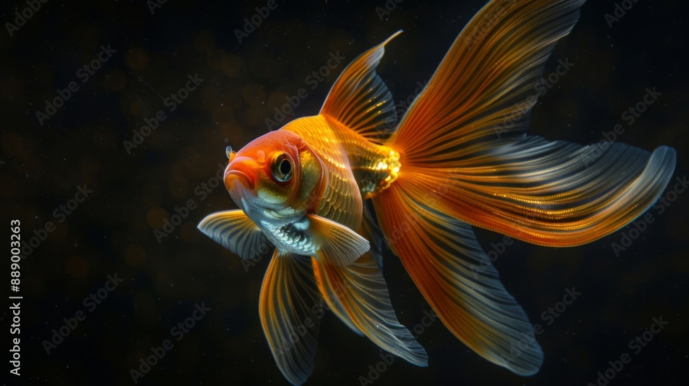 Poster Close-up of a goldfish with long flowing fins and a distinctive color pattern, captured underwater.