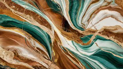 A Digital Artwork Featuring a Fluid, Swirling Pattern With Gold, Blue, and Green Hues.